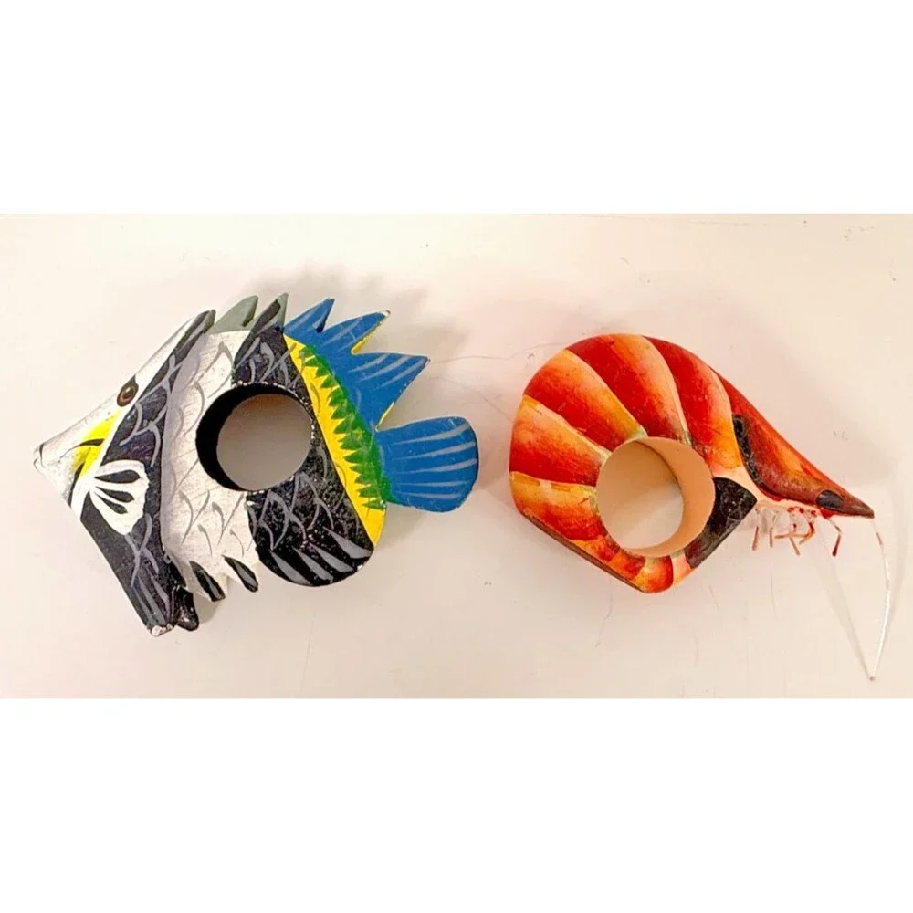 Folk Art Sea Life Vtg Napkin Rings Wooden Figure Colorful Painted Lot Of 2